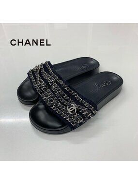 Chanel CC Logo Chain Fabric Leather Flat Sandals Navy